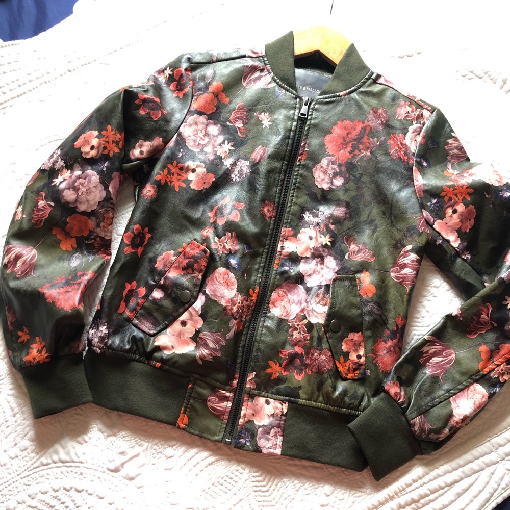 KATE & MALLORY Bomber Jacket Faux Leather Floral Green Pink Size Extra Small